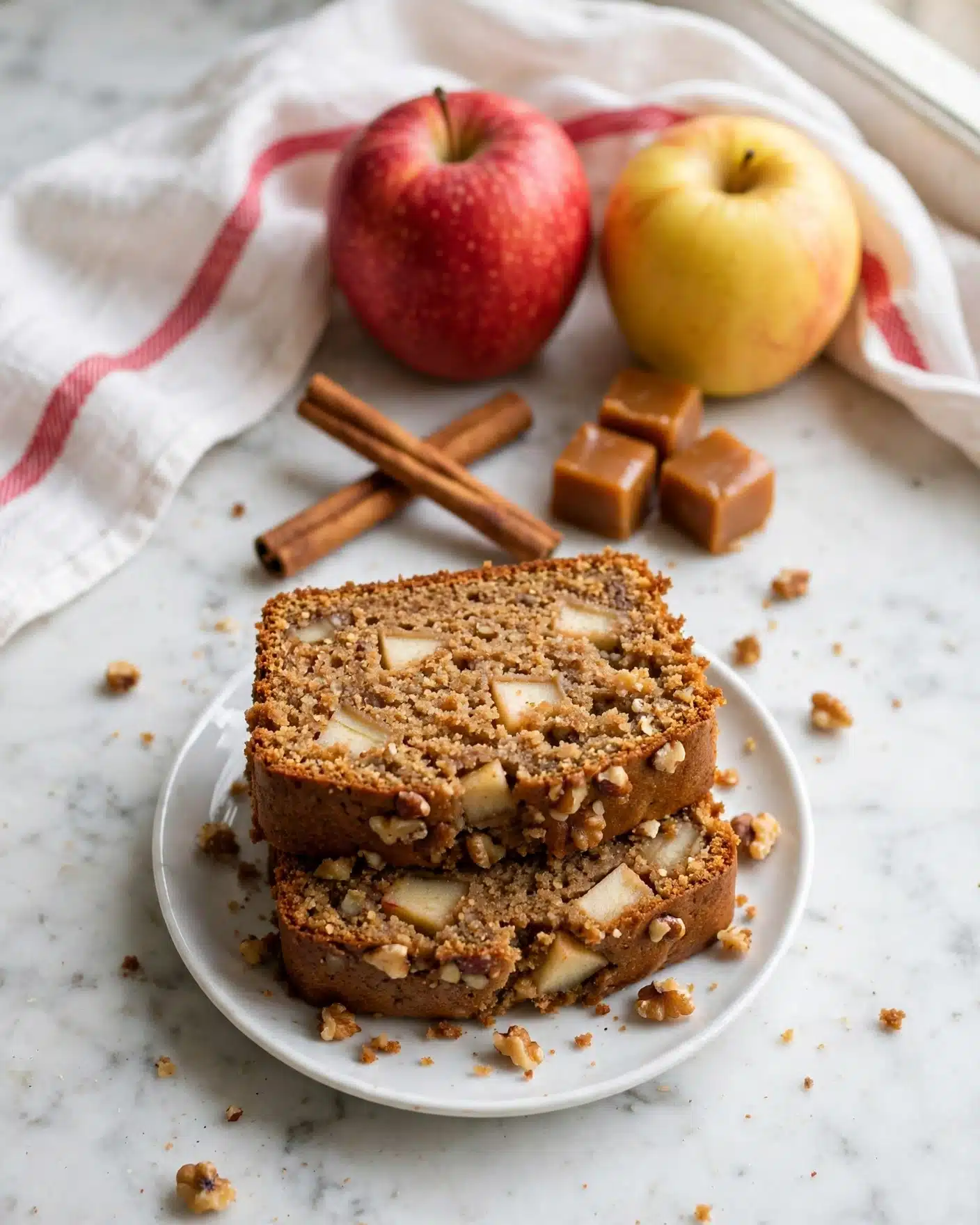 Caramel Apple Bread Recipe 5 The image shows two thick slices of brown cake stacked on a white plate, with visible chunks of light-colored apple pieces inside the cake. The cake texture looks moist and slightly crumbly with some small nut pieces scattered throughout. Behind the plate are two cinnamon sticks crossed, three small caramel cubes, and two whole apples, one red and one yellow, placed on a white marbled surface with a white cloth that has a red stripe partially visible. The colors are warm and natural, emphasizing the homemade feel of the cake. Photo taken with an iphone --ar 4:5 --v 7