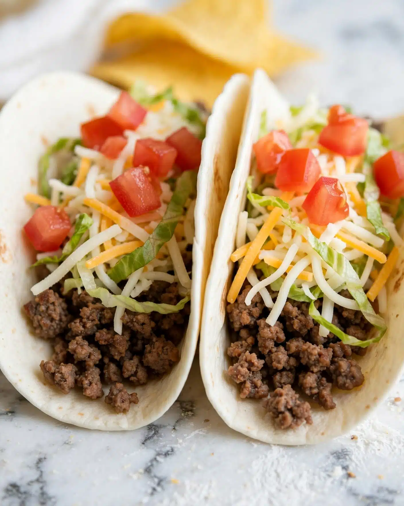 Healthy Ground Turkey Tacos Recipe 5 Two soft white tortillas hold layers of food. The first layer inside each tortilla is cooked brown ground meat, followed by a layer of shredded white and yellow cheese mixed with thin strips of green lettuce, and topped with small red tomato cubes. The tacos are placed close to each other on a white marbled surface, with a folded yellow tortilla chip in the background. The focus is close-up, showing the soft texture of the tortillas and the fresh colors of the filling. Photo taken with an iphone --ar 4:5 --v 7