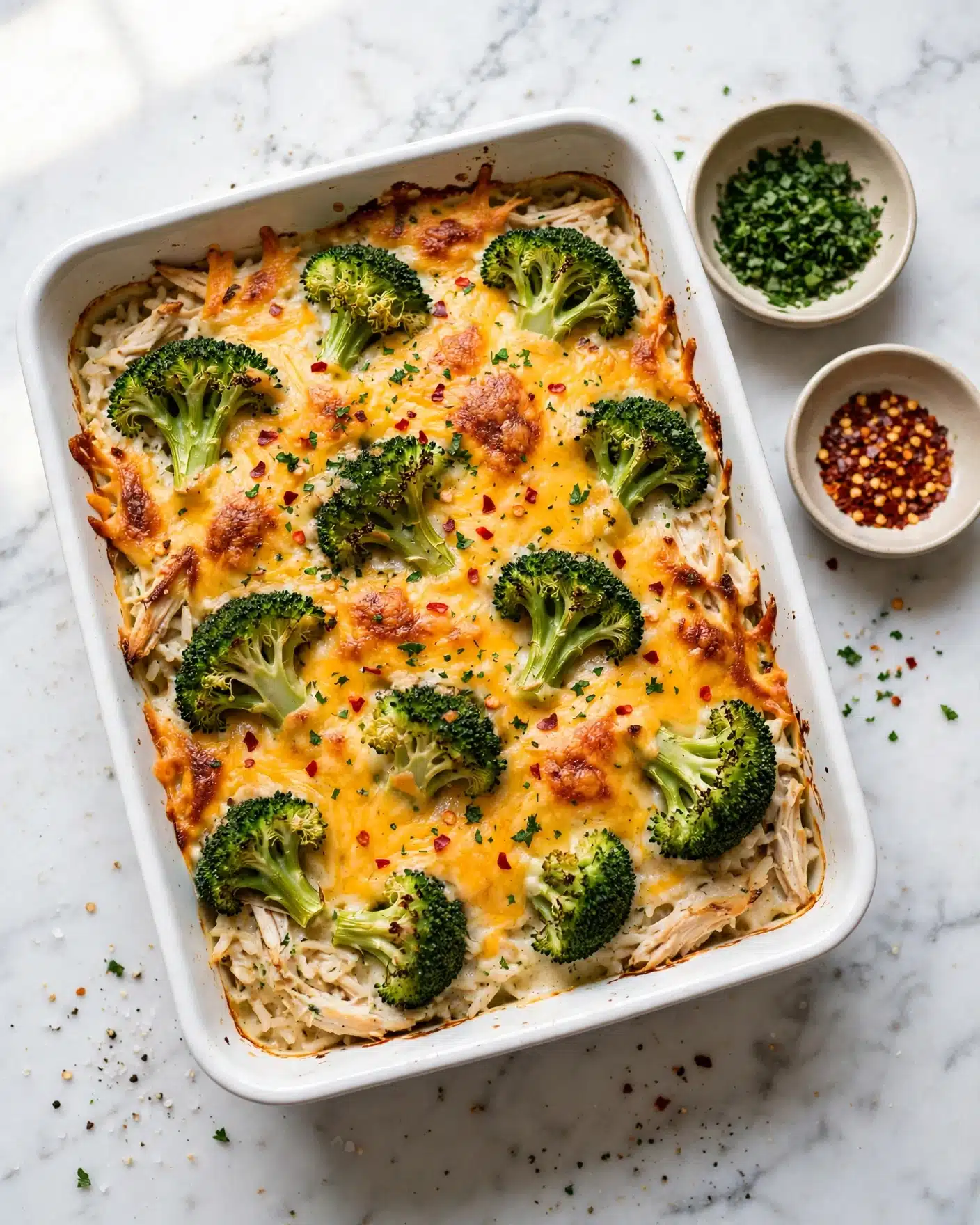 A white rectangular baking dish filled with a layered broccoli and cheese casserole. The bottom layer is a mix of shredded chicken and rice, topped evenly with bright green broccoli florets. The top layer is melted yellow cheese sprinkled with small bits of red chili flakes and chopped green herbs. The casserole looks creamy with the cheese slightly browned around the edges. The dish sits on a white marbled surface with small bowls of chopped herbs and red chili flakes nearby. Photo taken with an iphone --ar 4:5 --v 7