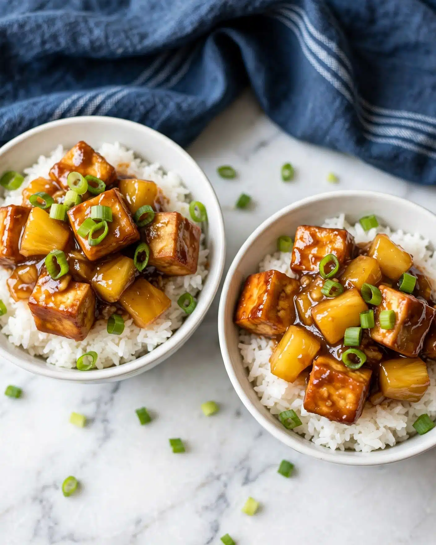 The image shows two white bowls filled with steamed white rice as the base layer. On top, there are golden-brown cubes of tofu covered in a shiny, thick brown sauce mixed with chunks of yellow pineapple. Bright green sliced scallions are sprinkled over the tofu and rice, adding a fresh touch. The bowls rest on a white marbled surface with some scallion pieces scattered around and a dark blue cloth with light lines in the background. Photo taken with an iphone --ar 4:5 --v 7