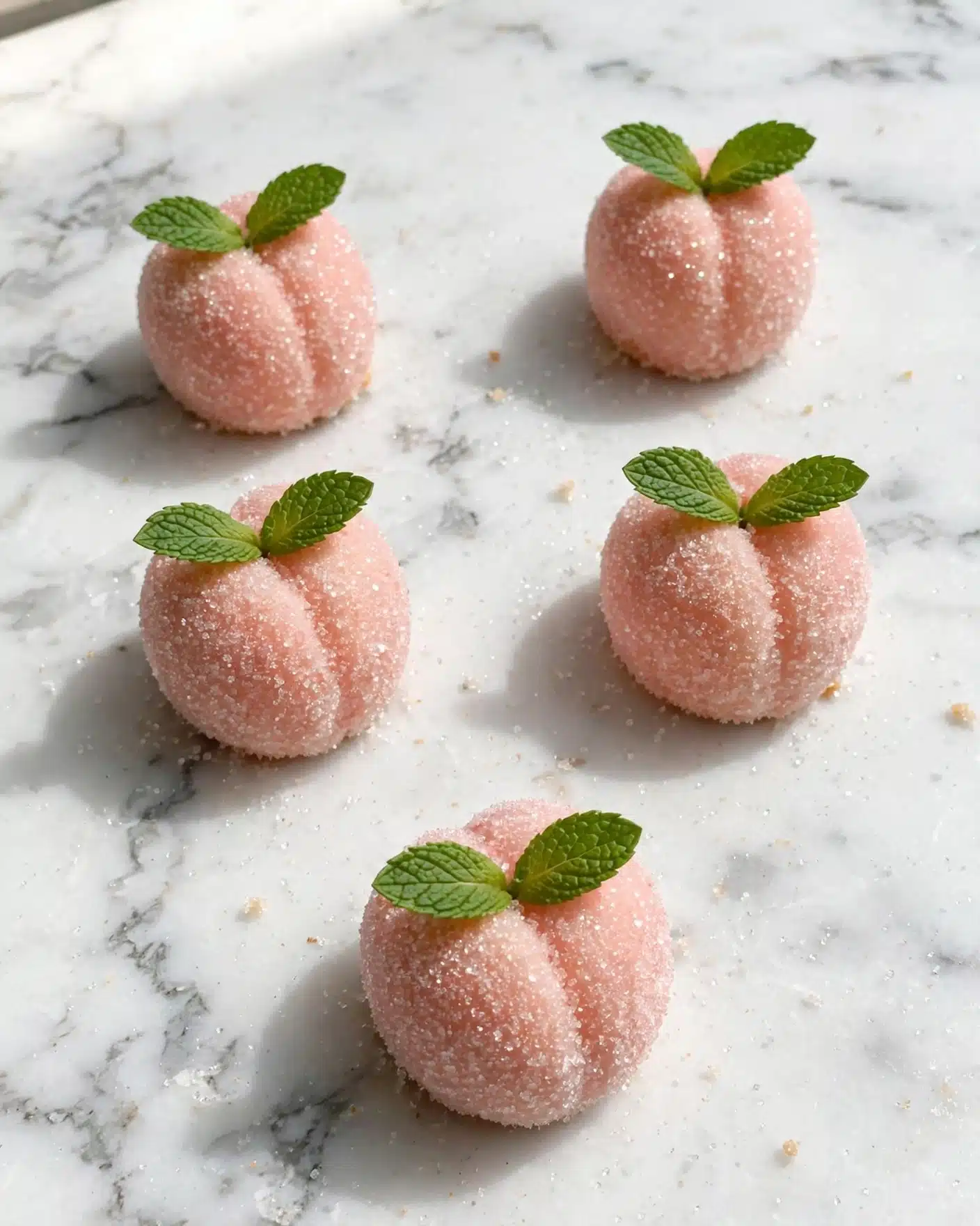 Italian Peach Cookies Recipe 5 The image shows several small peach-shaped desserts arranged on a white marbled surface. Each dessert has a round shape with a soft pink color coated in granulated sugar that gives a sparkling texture. On top of each dessert, there are two green mint leaves positioned like a small pair of wings. The desserts are spaced apart, and the overall look is fresh and delicate. photo taken with an iphone --ar 4:5 --v 7