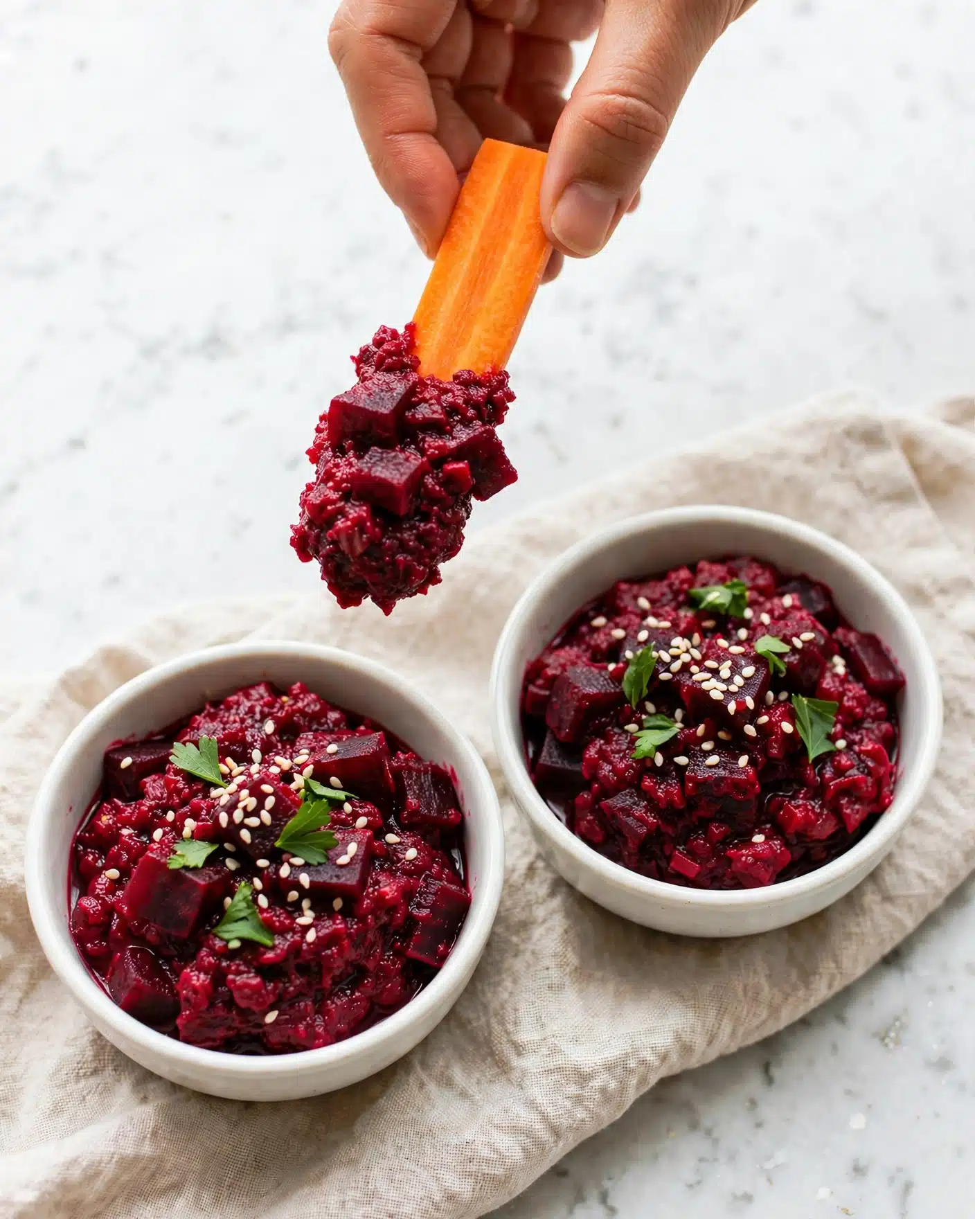 Creamy Lemon Beet Hummus Recipe 5 A close-up image shows a woman's hand holding a bright orange carrot stick dipped in a thick, deep red beetroot dip, which is chunky and textured with visible bits. Below it, two white bowls are filled with the same vibrant beetroot dip, topped with small white sesame seeds and fresh green herb leaves scattered across the surface. The bowls rest on a light-colored cloth that lies on a white marbled surface, creating a clean and bright background. Photo taken with an iphone --ar 4:5 --v 7