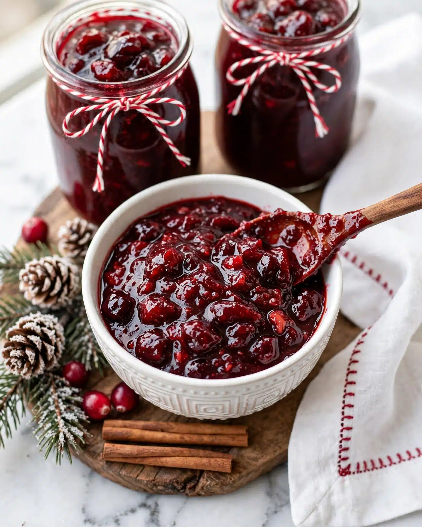 Festive Cranberry-Strawberry Christmas Jam Recipe 5 A small white bowl with raised patterns holds a thick, dark red sauce with a rich texture that is glossy and slightly chunky. A wooden spoon rests in the bowl, coated with the same dark red sauce. Behind the bowl, there are two glass jars filled with the same dark red sauce, each tied with a red and white twisted string around the neck. On the wooden board beneath the bowl and jars are three cinnamon sticks, a few red berries, small pine cones with a dusting of white on them, and green pine branches. To the right side, there is a white cloth with red stitching along the edge. The scene sits on a white marbled surface photo taken with an iphone --ar 4:5 --v 7