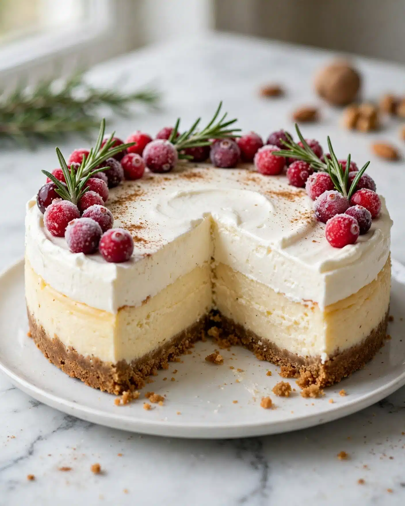 Eggnog Cheesecake with Gingersnap Crust and Sugared Cranberry Garnish Recipe