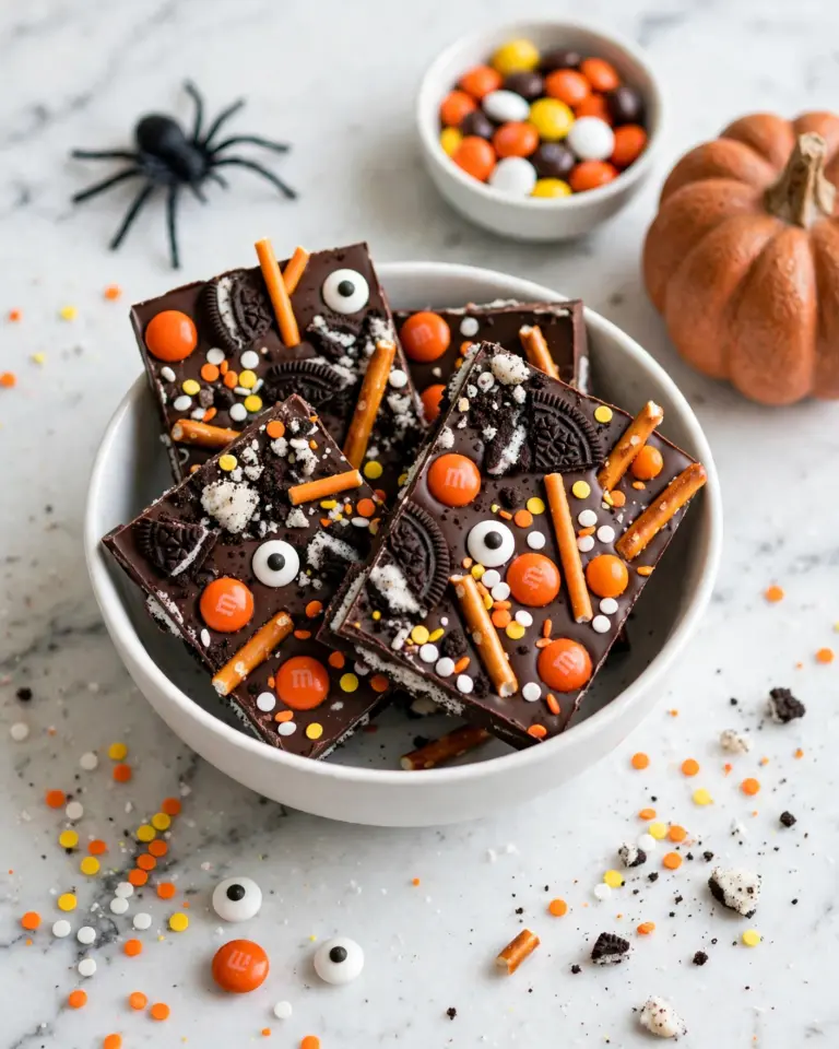 Halloween Chocolate Bark with Pretzels, Mini Oreos, and Reese’s Pieces Recipe