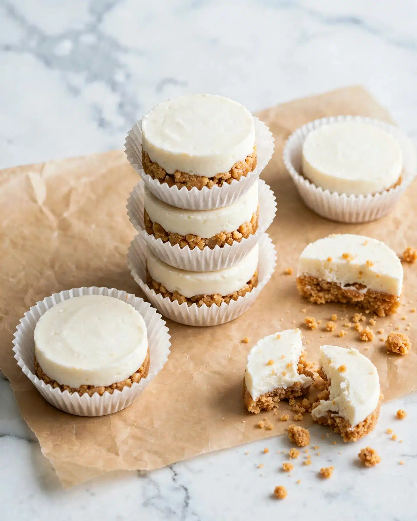 White Chocolate Peanut Butter Cups (Gluten-Free, Less Sugar) Recipe 5 The image shows a stack of three small, round treats with creamy white tops and light brown bases, each one sitting in a white paper cup with ridged sides. The texture of the top layer looks smooth and solid while the bottom layer has a crumbly, slightly rough texture. Around the stack are more of these treats, some whole and some broken to reveal the two-layer structure inside. The treats rest on a sheet of light brown paper placed over a white marbled surface. Photo taken with an iphone --ar 4:5 --v 7