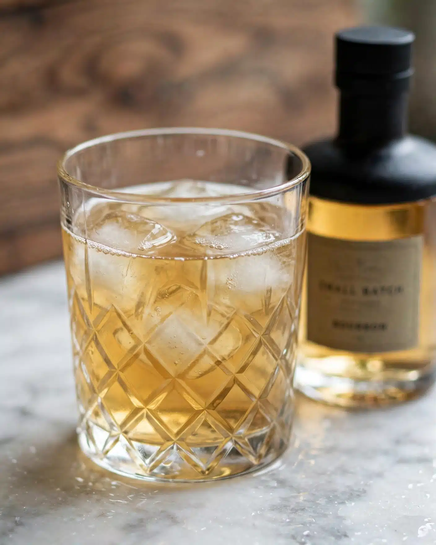 Suffering Bastard Recipe 4 A close-up image of a clear glass with a diamond pattern being filled with a light golden liquid over ice cubes. The liquid flows from a dark-topped bottle held by a woman's hand at the top left of the frame. The glass sits on a white marbled surface with visible wood grain patterns in the background, slightly out of focus. The photo has a soft depth of field, focusing on the pouring liquid and the ice inside the glass. photo taken with an iphone --ar 4:5 --v 7