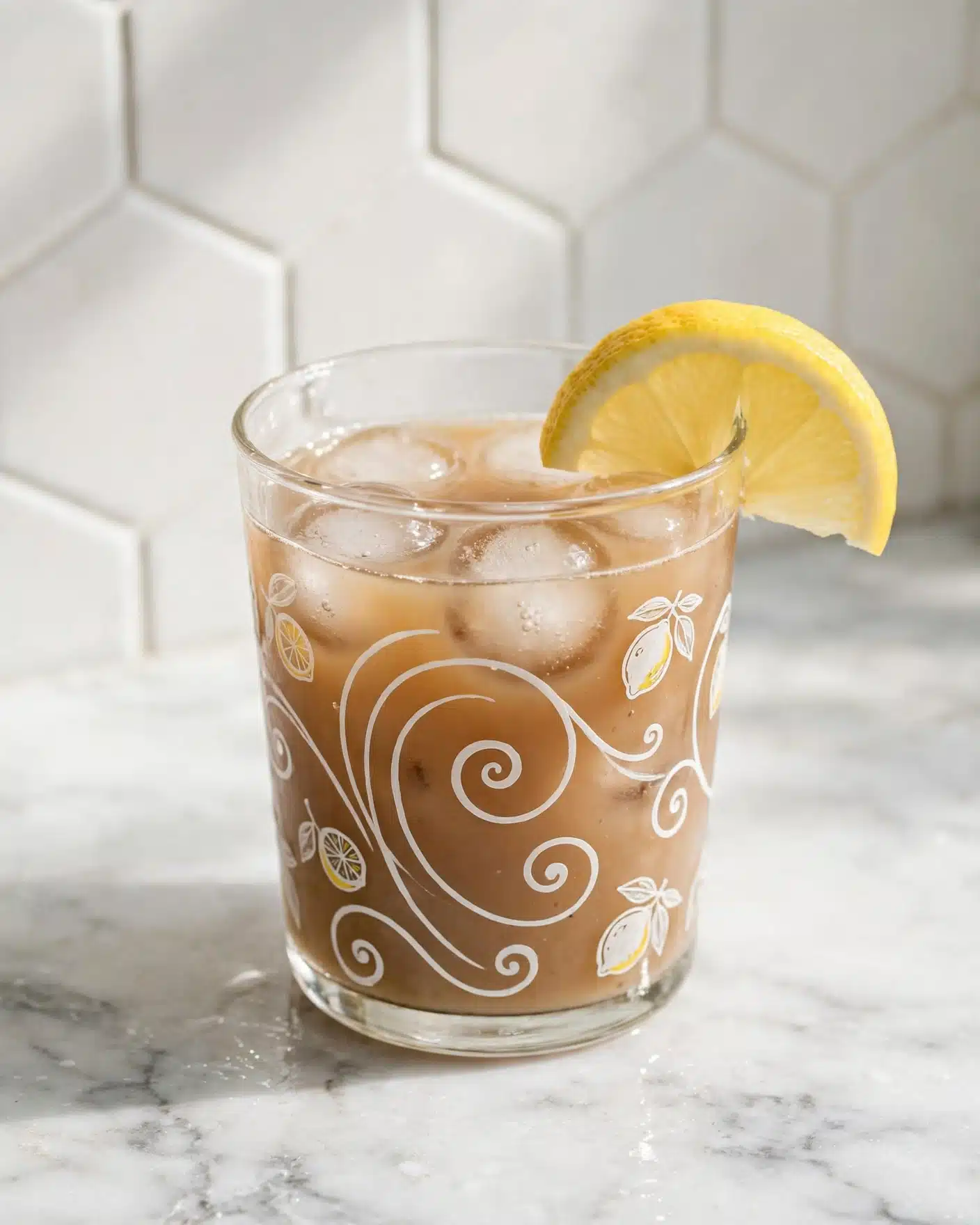 Suffering Bastard Recipe 5 A clear glass with white swirl and lemon patterns holds a light brown drink filled with several round ice cubes. A bright yellow lemon slice is placed on the rim of the glass. The glass sits on a white marbled surface with a white hexagonal tile background. photo taken with an iphone --ar 4:5 --v 7
