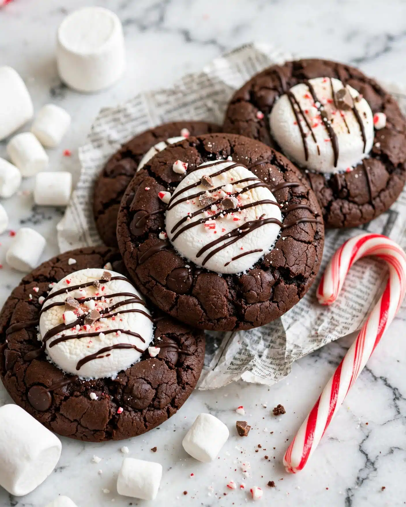 Peppermint Hot Chocolate Cookies Recipe 5 The image shows round dark brown chocolate cookies topped with a large white marshmallow in the center of each cookie. The marshmallows have thin dark chocolate drizzle lines over them, and small white and red crushed candy pieces are scattered on top. The cookies are placed on white marbled surface with a newspaper-like paper underneath. Nearby are pieces of white marshmallows and a red and white striped candy cane. The scene looks bright and festive, with a close-up view showing the soft texture of marshmallows and the cracked surface of the cookies photo taken with an iphone --ar 4:5 --v 7