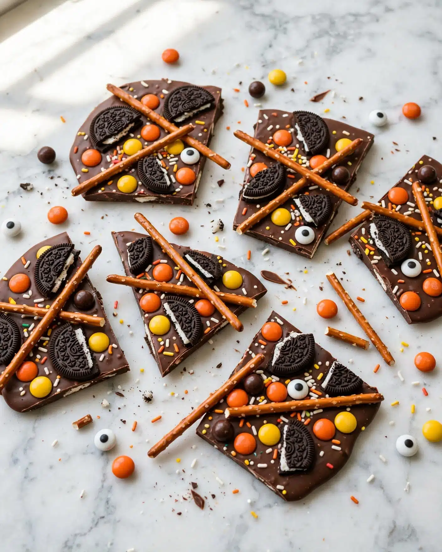 Halloween Chocolate Bark with Pretzels, Mini Oreos, and Reese’s Pieces Recipe 5 The image shows multiple pieces of chocolate bark laid out flat on a white marbled surface. Each piece has one thick layer of dark brown chocolate as the base. On top, there are whole and broken black and white sandwich cookies scattered around. There are bright orange and yellow round candy pieces placed evenly, along with small white, orange, and yellow sprinkles sprinkled everywhere. Orange pretzel sticks lie diagonally across many of the pieces, adding texture. A few small round chocolate candies and candy eyeballs with black pupils on a white background are also mixed in, creating a playful and colorful look. photo taken with an iphone --ar 4:5 --v 7