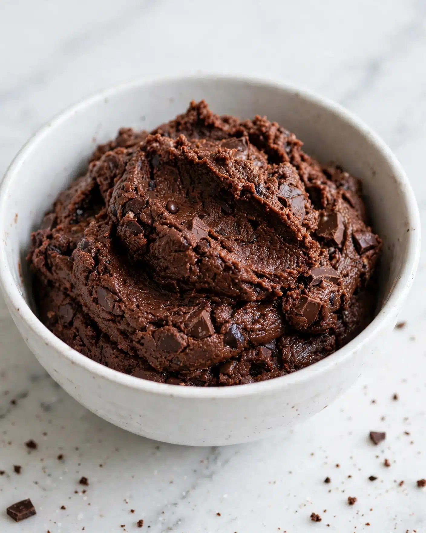 Peppermint Hot Chocolate Cookies Recipe 4 The image shows a white ceramic bowl filled with thick, dark brown chocolate dough that has a dense and slightly rough texture. The dough looks rich and smooth with some small chunks or bits of chocolate scattered throughout, giving it a varied surface. The bowl is placed on a white marbled surface, and the dough fills most of the bowl, forming soft peaks and folds on the top layer. Photo taken with an iphone --ar 4:5 --v 7