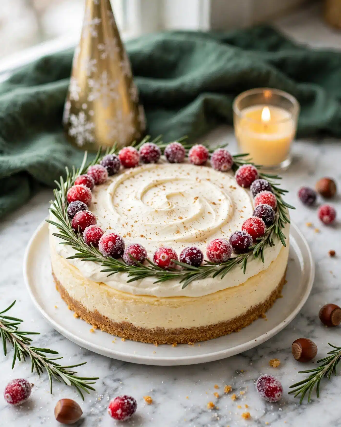 Eggnog Cheesecake with Gingersnap Crust and Sugared Cranberry Garnish Recipe 5 A round cake sits on a white plate, placed on a white marbled surface. The cake has three visible layers: a golden crust base, a middle creamy layer topped with white whipped cream spread smoothly with soft swirls, and a decoration layer made of a wreath of green rosemary sprigs and red cranberries covered in sugar crystals all around the edge. Light brown spices are sprinkled lightly over the whipped cream. Around the plate, extra rosemary sprigs, sugared cranberries, and whole brown nuts add more texture and color. photo taken with an iphone --ar 4:5 --v 7