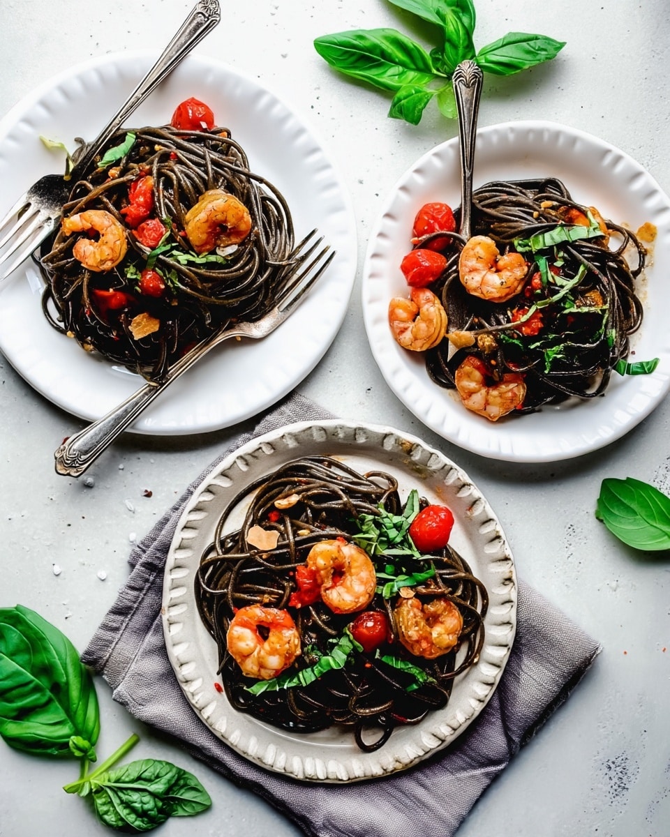 Three white plates with raised edges each hold a nest of black squid ink spaghetti twisted into a loose mound. Scattered on top are orange shrimp, browned garlic slices, and bright red cherry tomatoes. Thin strips of fresh green basil are sprinkled on the pasta. Two silver forks rest inside two plates, one placed on a grey cloth. The plates sit on a white marbled surface with scattered green basil leaves around. The lighting is natural and bright, making the colors pop vividly. Photo taken with an iphone --ar 4:5 --v 7