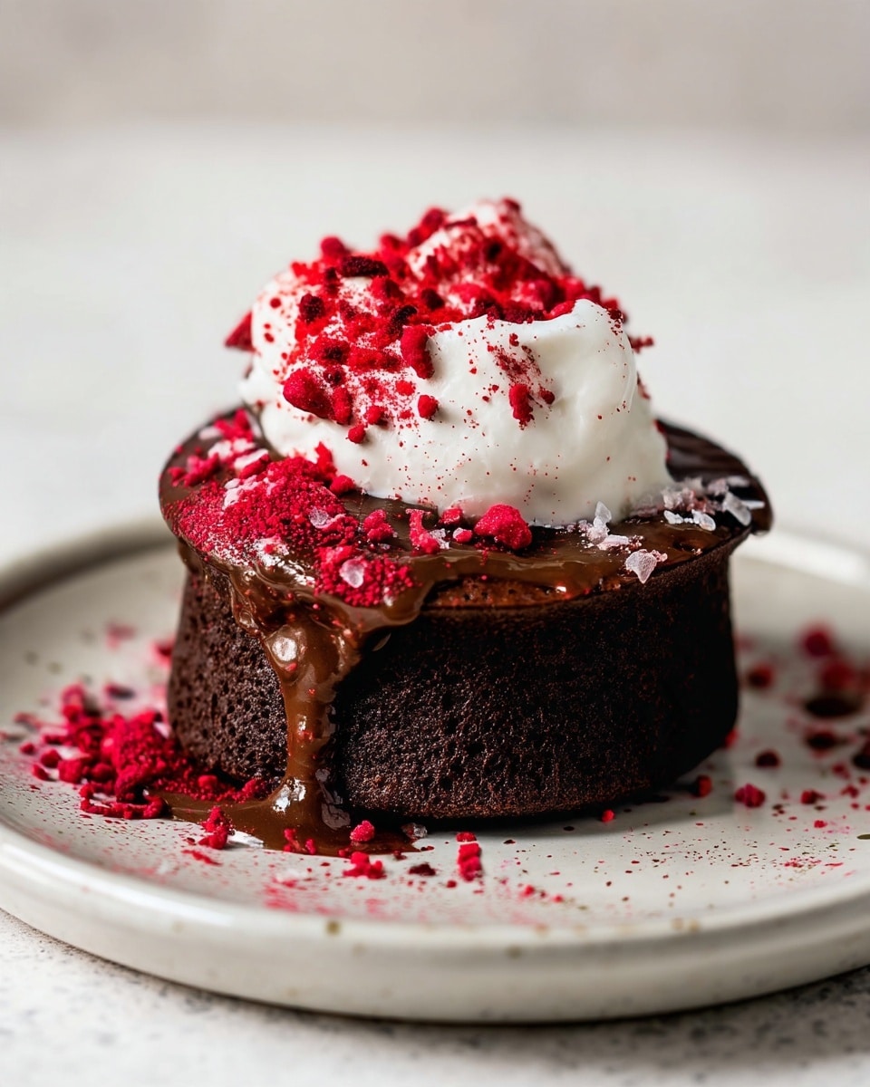 A small dark brown chocolate cake sits on a white plate with speckled design on a white marbled surface. The cake has one thick layer topped with a shiny, smooth, dark chocolate glaze that drips slightly down the sides. On top of the glaze, there is a large dollop of soft white cream with a light and fluffy texture. Bright red crushed pieces are sprinkled over the cream and glaze, adding a pop of color and texture. More red crumbs are scattered around the cake on the plate, creating a slightly messy but inviting look. Photo taken with an iphone --ar 4:5 --v 7