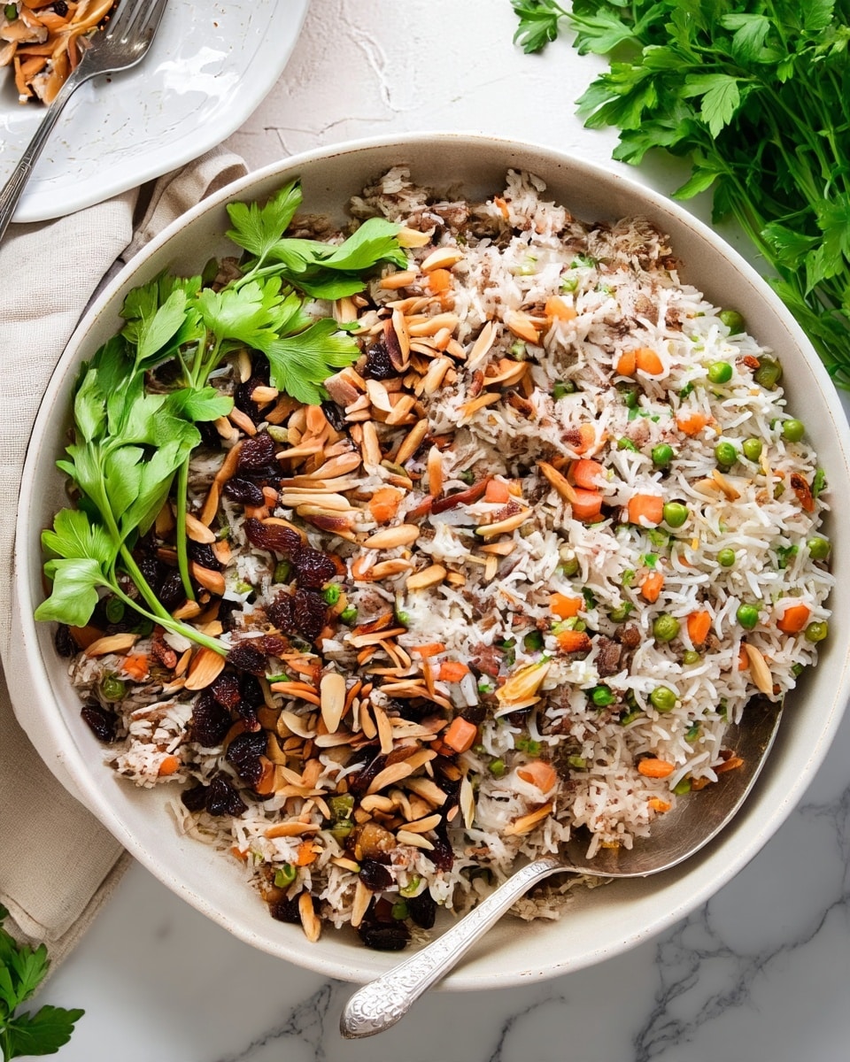 A large white bowl filled with a layered rice dish that has white grains mixed with small pieces of orange carrots, green peas, and tiny bits of brown meat. On top of the rice, there are scattered toasted slivered almonds and dark brown raisins. A bunch of fresh green parsley is placed on one side of the bowl, adding a pop of color. The bowl is placed on a white marbled surface, and a silver spoon is slightly visible on the bottom right inside the bowl. In the top left corner, part of a white plate with some crumbs and a fork is partly visible. The overall look is fresh and textured with a mix of neutral and bright colors. photo taken with an iphone --ar 4:5 --v 7