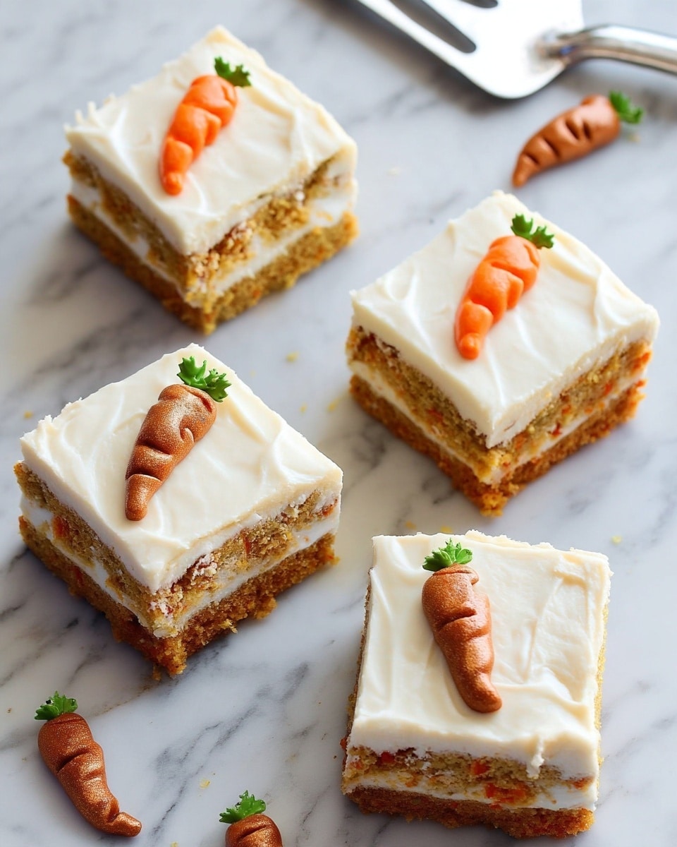 Four square pieces of carrot cake are arranged neatly on a white marbled surface. Each piece has two thick light brown layers of moist cake with visible bits of carrot, separated by a creamy white frosting layer. The top of each cake square is covered with a smooth layer of white frosting that has soft, swirled texture. On top of each piece, there is a small, detailed decoration shaped like an orange carrot with little grooves and a tiny green leafy stem made from icing. Around the cakes on the surface, there are three extra small carrot decorations. A metal cake server with a white handle is partially visible at the top right corner. photo taken with an iphone --ar 4:5 --v 7