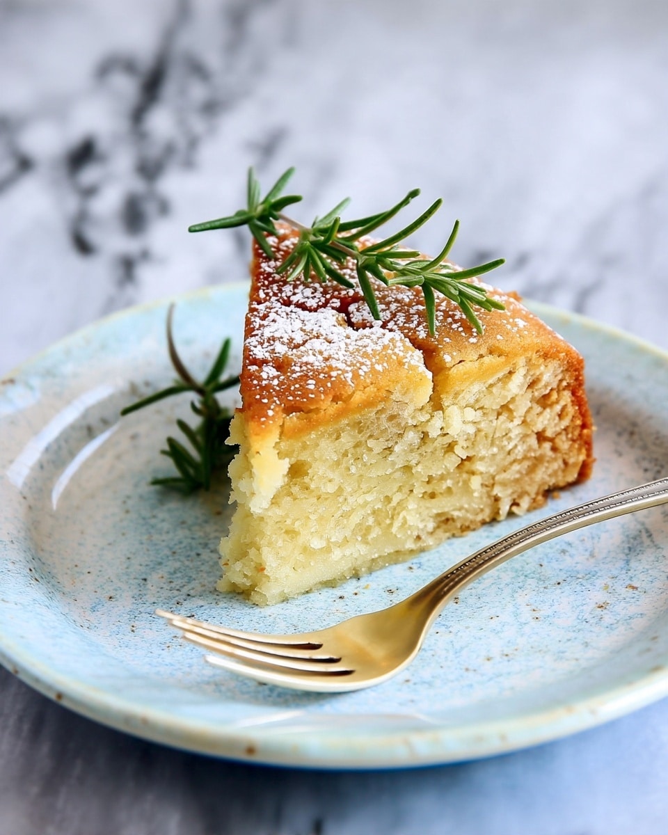 A single thick slice of golden brown cake with a light, soft inside sits on a white plate with blue specks, topped with a light dust of powdered sugar and a small green rosemary sprig. A smaller piece is placed next to the main slice, held by a silver fork resting on the plate. The white marbled background adds a clean and bright contrast to the scene. photo taken with an iphone --ar 4:5 --v 7