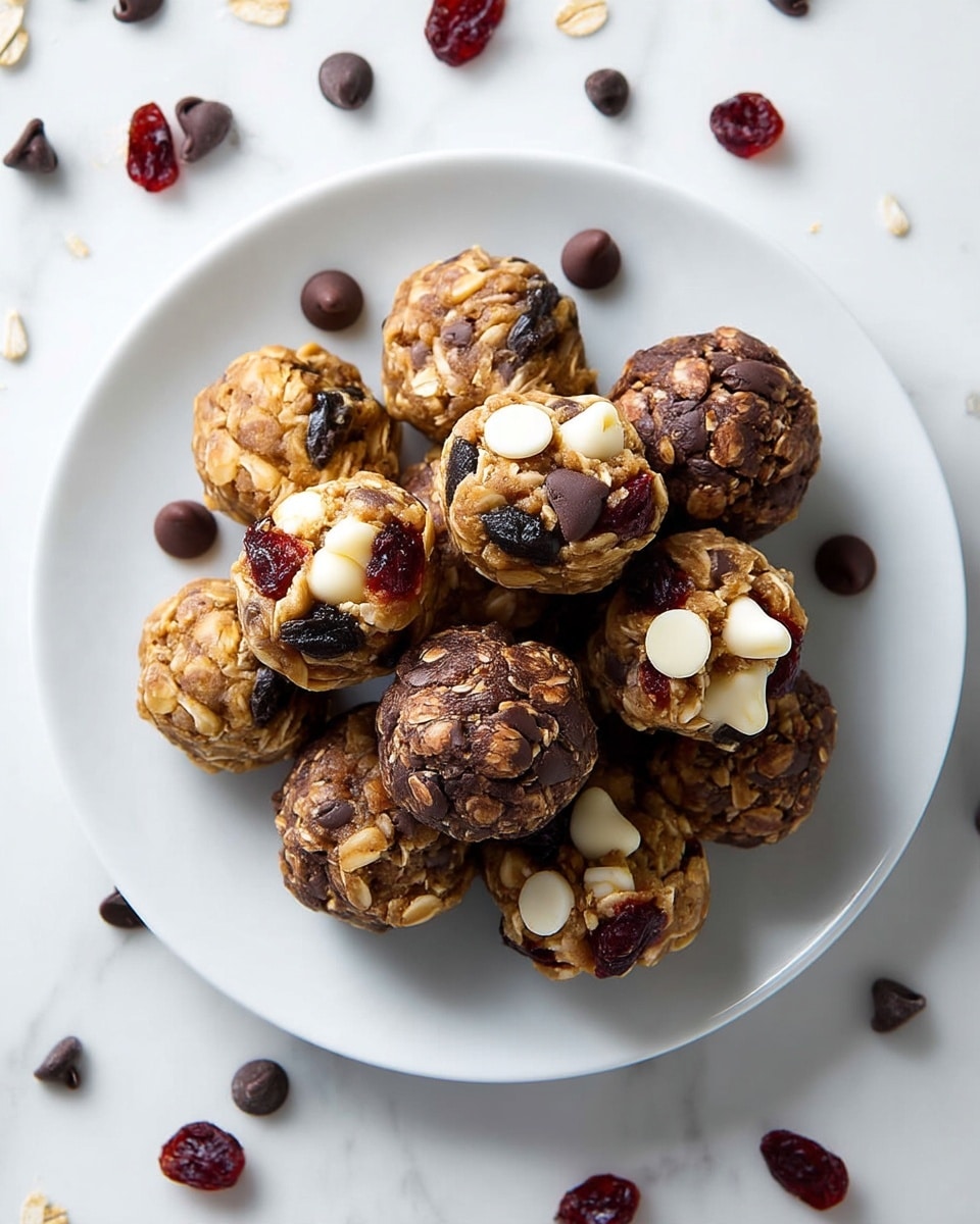 A white plate holds a pile of round energy bites. Each bite is made of oats mixed with different add-ons like dark chocolate chips, white chocolate chips, dried cranberries, and raisins, giving them varied dark brown, light brown, and reddish textures. The bites show a rough, slightly sticky surface from the oats and mix-ins. Some chocolate chips and oat bits are scattered on the white marbled surface around the plate. photo taken with an iphone --ar 4:5 --v 7