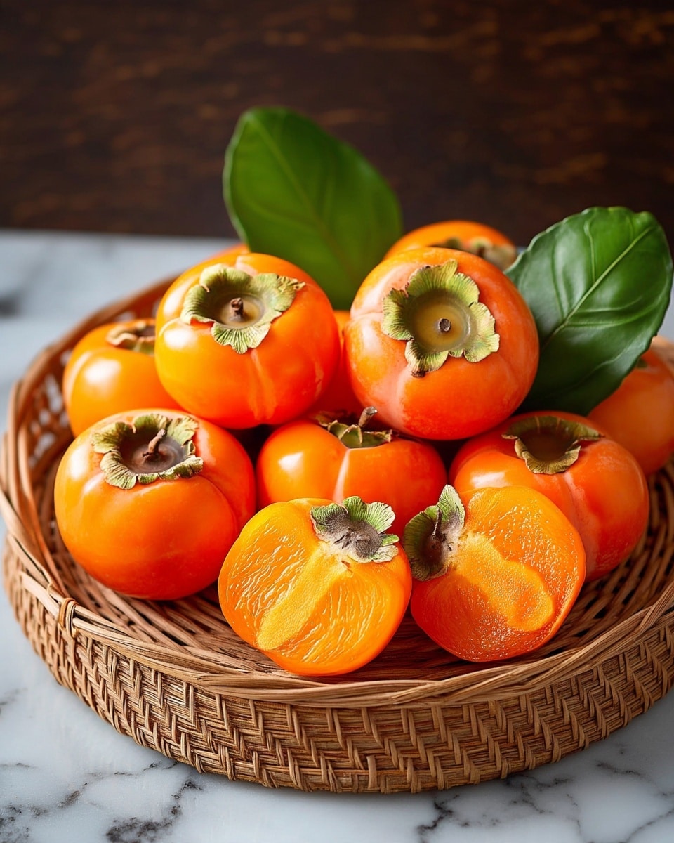 A small pile of bright orange persimmons is arranged on a round woven tray. The round fruits have smooth, shiny skin with green leaf tops, and one persimmon is cut in half showing its rich orange inside. Two green leaves are placed among the fruit, adding a touch of color contrast. The tray is set on a white marbled surface with a dark brown blurred background, making the orange persimmons stand out. photo taken with an iphone --ar 4:5 --v 7