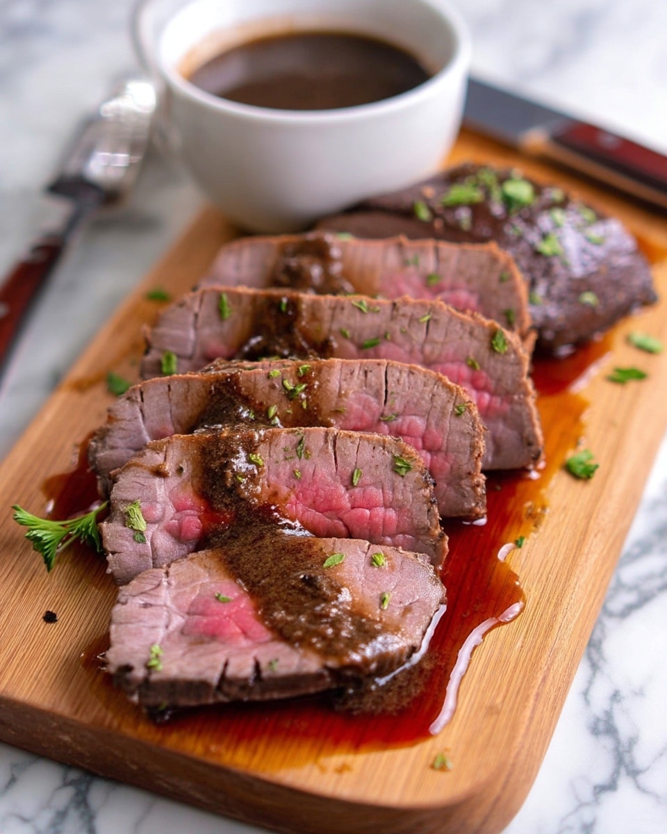 The image shows several slices of cooked beef arranged on a wooden board. Each slice has a browned outside and a pink center, showing a tender texture. The slices are topped with a dark brown sauce and sprinkled with small green herbs. On the right side, a white bowl filled with more dark brown sauce sits on the wooden surface. A knife and a fork with a dark handle are laying near the beef, ready to be used. The surface is a white marbled texture under the board and bowl. photo taken with an iphone --ar 4:5 --v 7