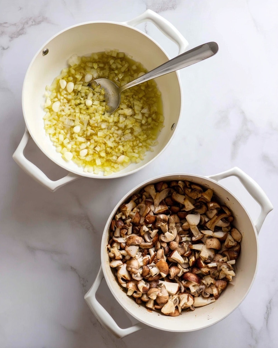 The image shows two white cooking pots on a stove with a white marbled surface below. In the first pot, there is a single layer of finely chopped onions and small pieces of garlic, yellow and light purple in color, evenly spread across the bottom and being cooked in oil. In the second pot, there is a thick, full layer of chopped mushrooms, light and dark brown with creamy white parts, evenly covering the entire pot. A metal spoon rests on the edge of the second pot. Photo taken with an iphone --ar 4:5 --v 7