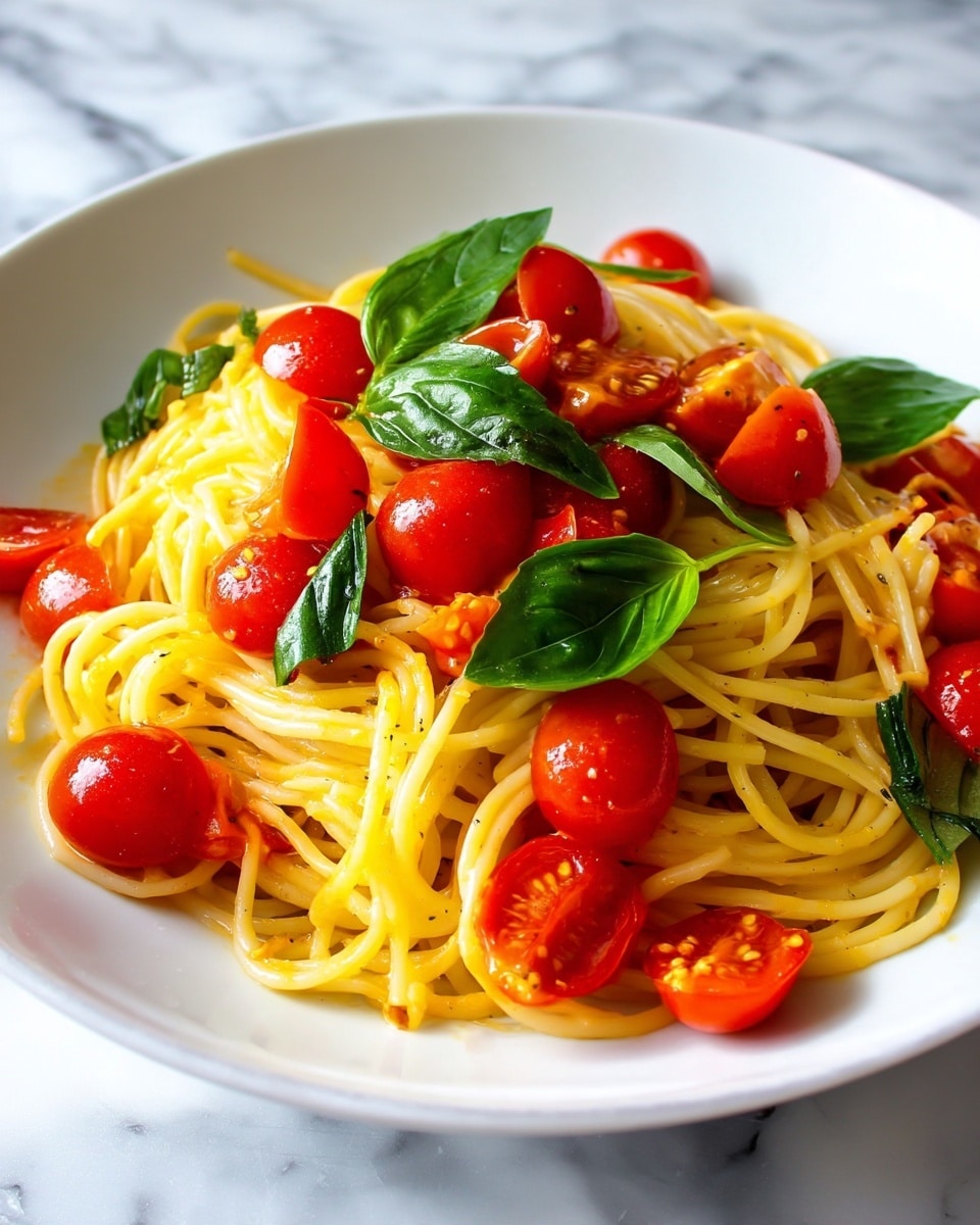 A white plate filled with a pile of yellow spaghetti noodles forms the base layer. On top, scattered bright red cherry tomato pieces add vibrant color and juice. Mixed throughout are fresh dark green basil leaves, slightly shiny and soft, giving a fresh look. The spaghetti shines lightly from oil or sauce, and the ingredients are arranged naturally with some tomatoes and basil resting on the sides. The whole dish sits on a white marbled surface. Photo taken with an iphone --ar 4:5 --v 7