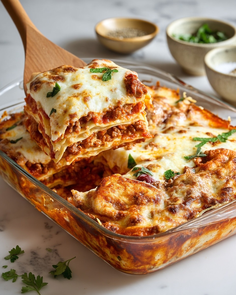 The image shows a glass baking dish filled with baked lasagna that has multiple layers including a reddish-brown meat sauce, creamy white cheese layers, and yellowish pasta sheets. The top layer is covered with melted cheese that is lightly browned in spots, giving a golden texture with small green parsley pieces sprinkled on top. A wooden spoon is scooping a portion, showing thick layers with a mix of cheesy and meaty textures. The dish sits on a white marbled surface. Photo taken with an iphone --ar 4:5 --v 7