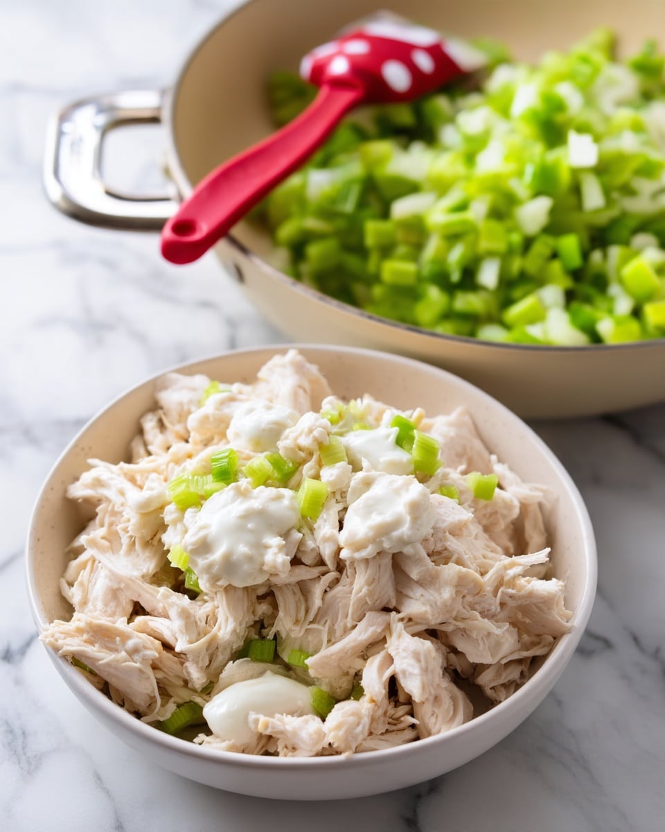 A white bowl filled with shredded pale beige chicken pieces with small dollops of white creamy sauce spread on top; next to it is a beige pan containing sautéed chopped white onion and bright green celery pieces, a red spatula with white polka dots resting inside the pan; all set on a white marbled surface. photo taken with an iphone --ar 4:5 --v 7