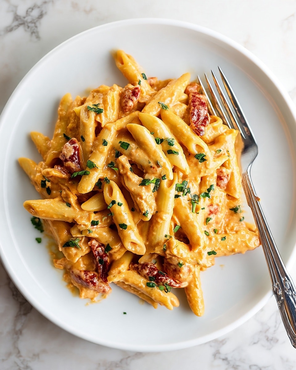 A white plate holds a creamy pasta dish with about two layers of penne noodles coated in a thick, light orange sauce. The pasta shows a smooth texture with small bits of sun-dried tomatoes scattered throughout, adding dark red spots. Tiny pieces of chopped green herbs are sprinkled evenly on top, giving a fresh look. A silver fork rests on the plate to the right, and the whole scene is set on a white marbled surface. Photo taken with an iphone --ar 4:5 --v 7