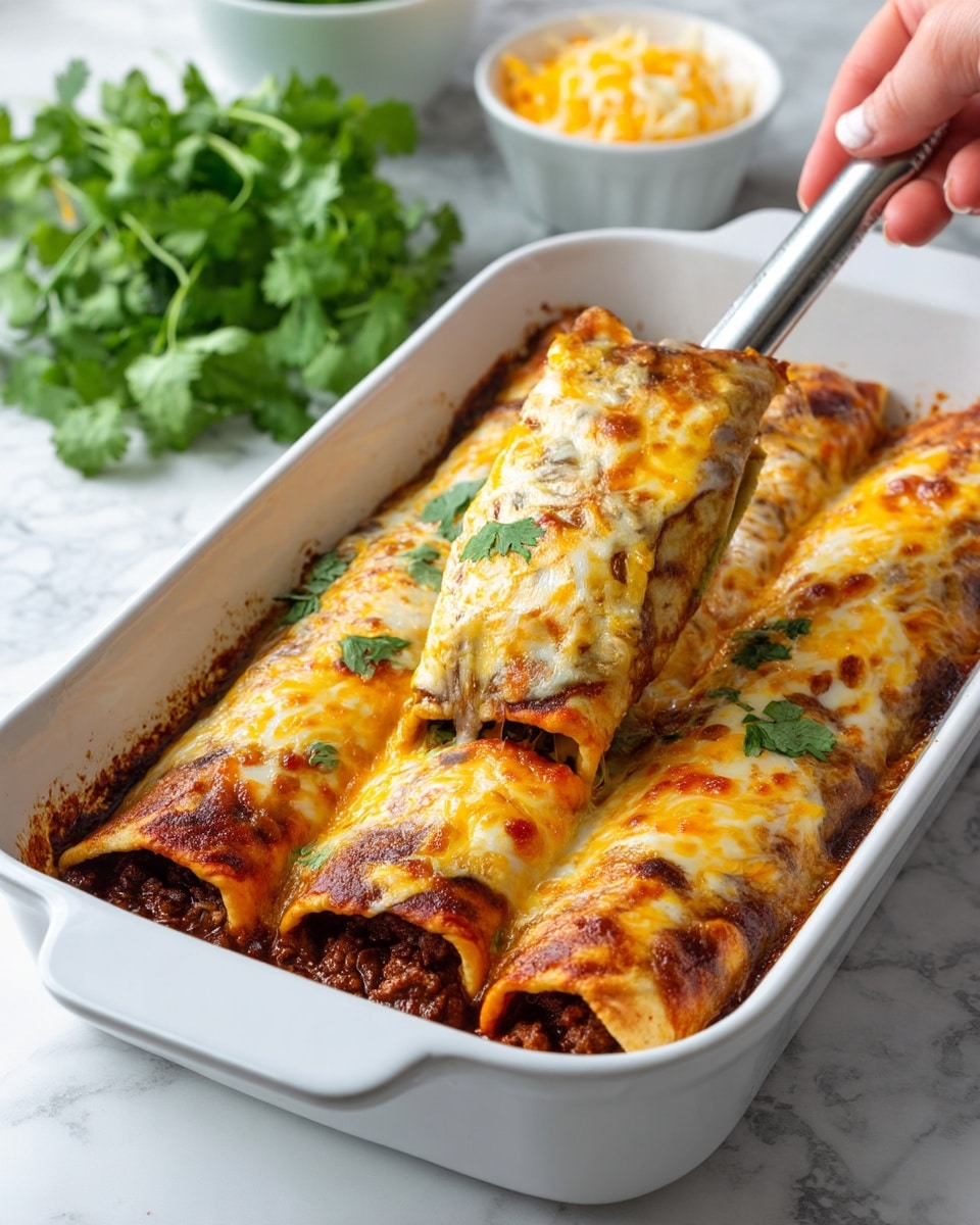 A white baking dish holds four baked enchiladas covered with a bubbly, melted cheese layer that is golden yellow and white with some browned spots. The enchiladas are rolled tortillas filled with a dark, rich meat sauce visible under the cheese. One enchilada is being lifted by a metal serving spoon held by a woman's hand. The dish is placed on a white marbled surface, and in the background, fresh green cilantro leaves and a bowl with shredded yellow and white cheese can be seen. Photo taken with an iphone --ar 4:5 --v 7