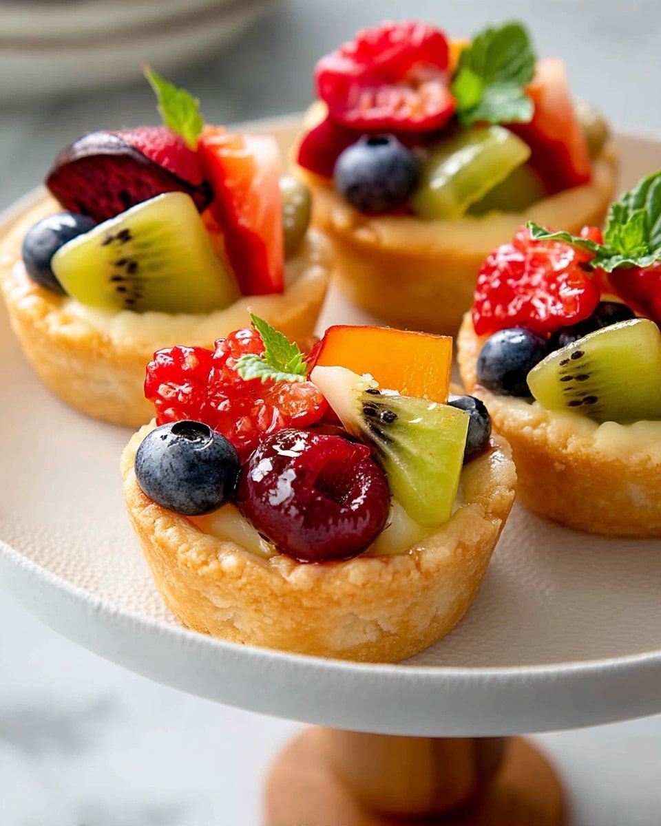 A three-layer white cake stand holds small tart shells filled with colorful mixed fruit. Each tart has a golden brown crust base, topped with fresh fruit pieces including red raspberries, blueberries, green kiwi slices, strawberries, orange peach chunks, and dark cherries, with a small fresh green mint leaf on some of them. The top of each tart is shiny, showing a light glaze over the fruit. In the background, there is a white teapot and cup on a white marbled surface, with a woman’s hand holding the edge of the stand. The setting is bright and clean. photo taken with an iphone --ar 4:5 --v 7