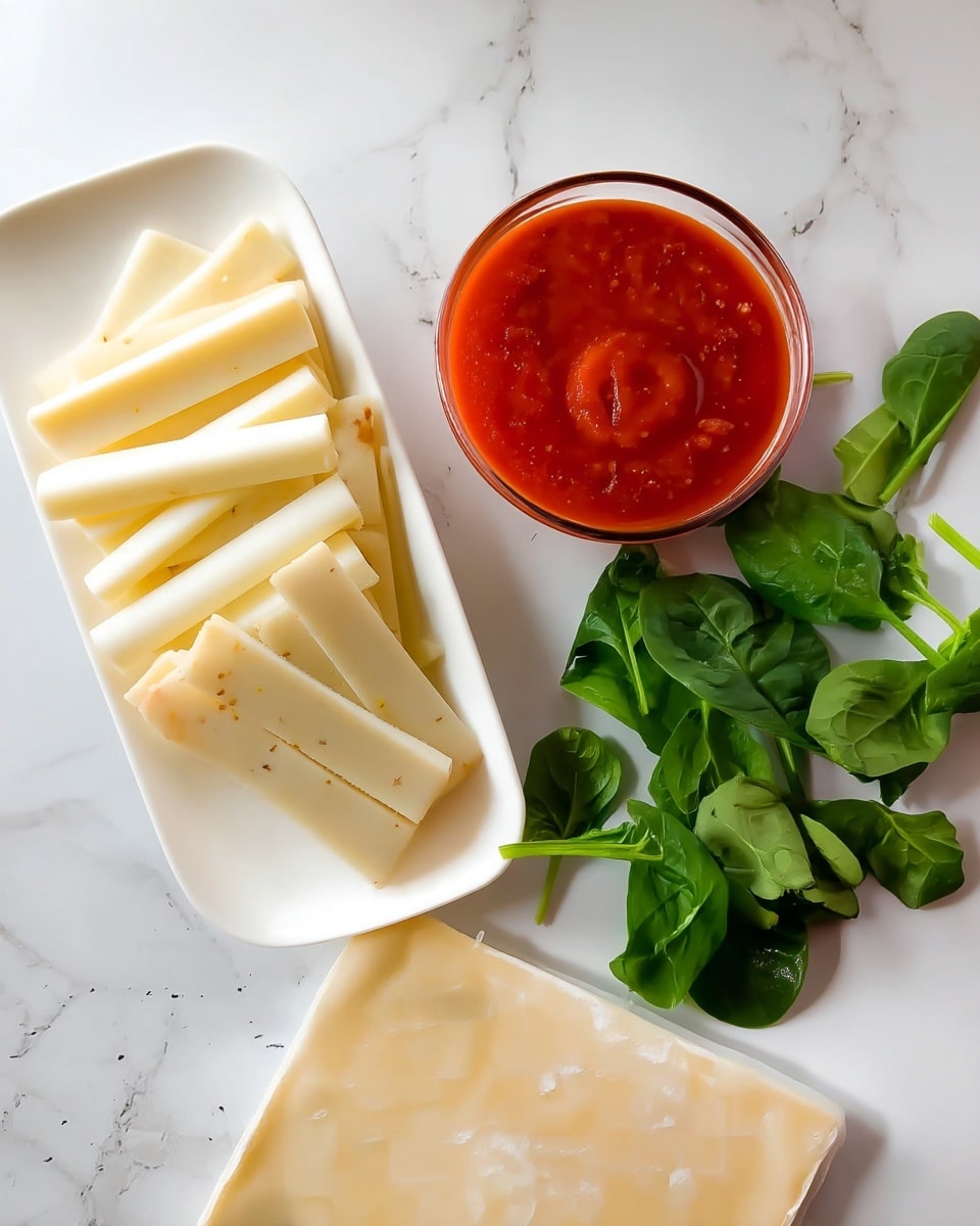 The image shows a white rectangular plate on the left with several long, thin slices of white cheese stacked neatly. To the right of the plate is a small clear glass bowl filled with bright red tomato sauce, placed on a white marbled background. Fresh green spinach leaves are scattered to the right of the sauce bowl. At the bottom of the image, a pale beige square sheet, likely dough or pastry, sits on the white marbled surface. Photo taken with an iphone --ar 4:5 --v 7
