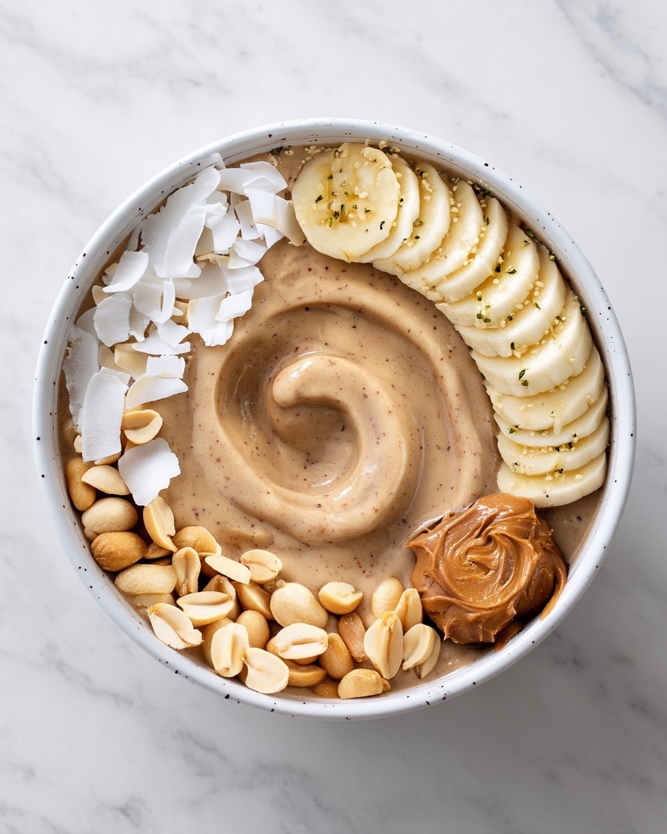 A white bowl on a white marbled surface holds a smooth, creamy light brown base with a spiral pattern in the center. On the top right edge, there is a neat row of thin banana slices sprinkled with small green seeds. On the bottom right side of the bowl, there is a swirl of thick peanut butter that is darker brown. At the bottom left edge, there are many whole peanuts arranged in a cluster. On the top left edge, there are uneven-sized white coconut flakes. The layers are all placed carefully and create a balanced, fresh look. photo taken with an iphone --ar 4:5 --v 7