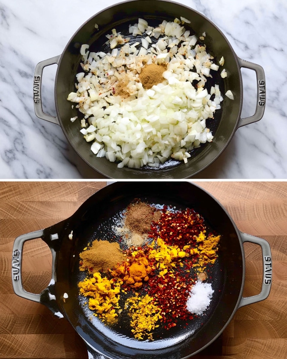The image shows two views of a large black pan with handles on each side, placed on a wooden surface. The top view shows chopped white onions and small pieces of ginger spread in the middle of the pan with some browning. The second view shows the cooked onions and ginger still in the pan, now mixed with five different piles of dry spices: a light brown powder, a darker brown powder, red chili flakes, bright yellow turmeric powder, and a small pile of salt. The pan has the word