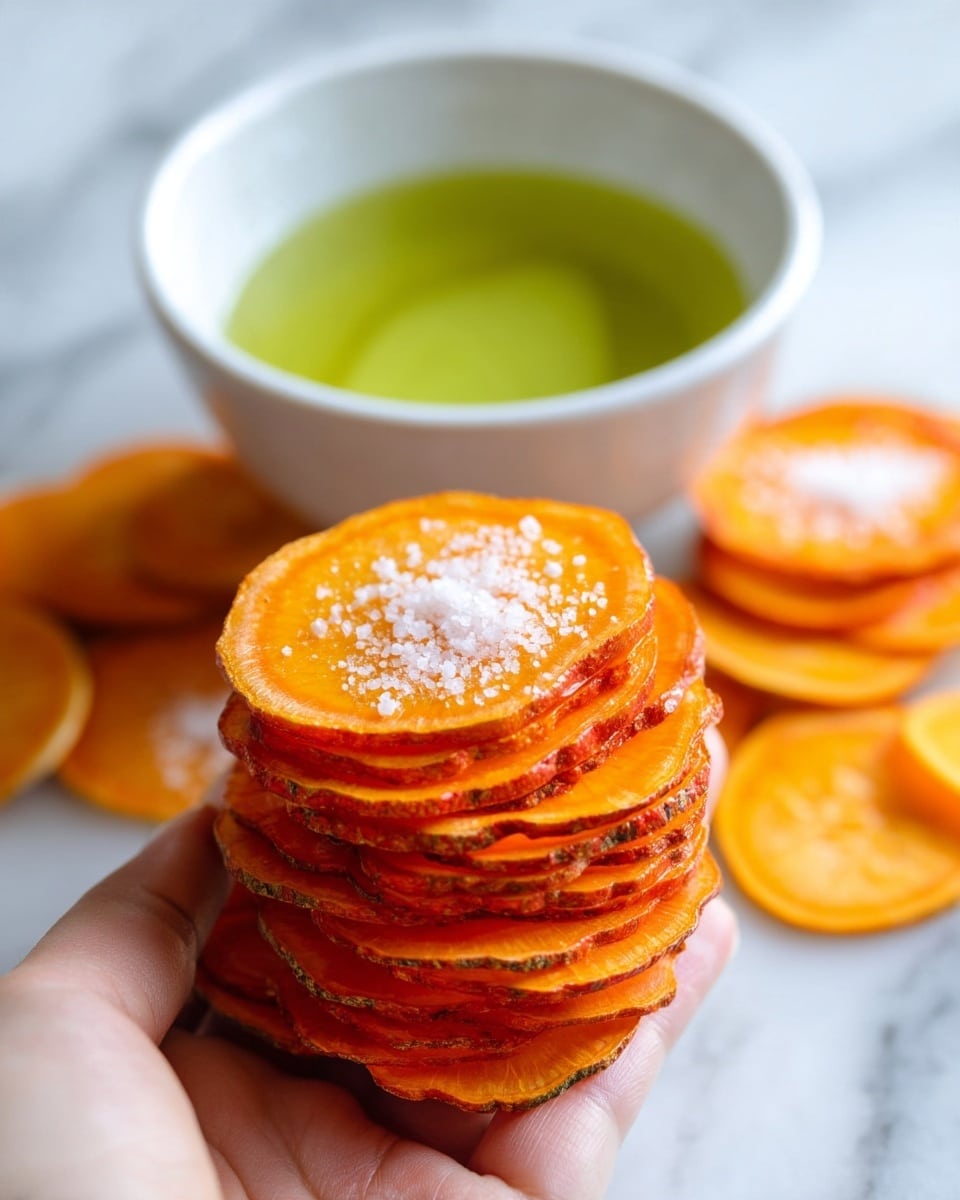 A woman's hand is holding a small white bowl filled with a light green liquid in the foreground. Behind it, there is a tall stack of thin, round orange slices, arranged closely together in overlapping layers, with some white granulated powder sprinkled on top in the center. This all sits on a white marbled surface. photo taken with an iphone --ar 4:5 --v 7