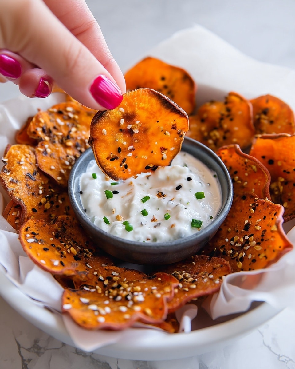 A close-up shot shows a white bowl lined with white paper, filled with round orange sweet potato chips sprinkled with black and white sesame seeds and some spices. In the middle of the bowl, there is a small dark gray bowl filled with white creamy dip, garnished with chopped green herbs and sesame seeds. A woman's hand with bright pink nail polish dips one chip into the creamy dip, highlighting the chip’s slightly wrinkled texture and rich orange color. The surface beneath the bowl is a white marbled texture. photo taken with an iphone --ar 4:5 --v 7