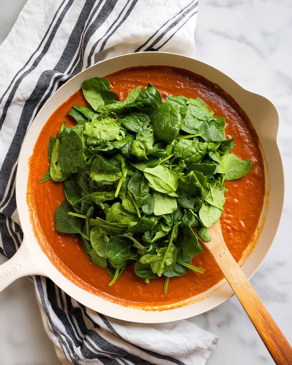 A white skillet is filled with thick orange-red sauce that looks rich and smooth, covering the bottom layer. On top, there is a large pile of fresh green spinach leaves that are torn into pieces, sitting in the middle and spreading out partly over the sauce. A wooden spoon is placed inside the skillet under the spinach, with its light brown handle pointing down towards the bottom. The skillet is on a white marbled surface with a white towel that has black stripes folded underneath its left side. Photo taken with an iphone --ar 4:5 --v 7