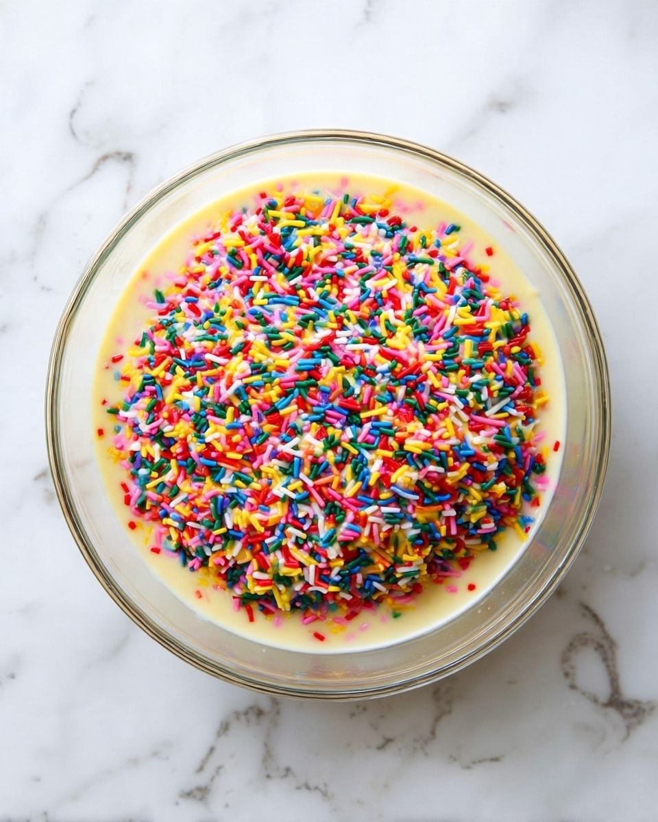 A clear glass bowl sits on a white marbled surface filled with a pale yellow batter as the bottom layer. On top of the batter is a thick layer of colorful, small sprinkle strands in various bright colors like red, blue, green, yellow, pink, and orange, covering almost the whole batter. The bowl's round shape and transparent texture clearly show the mixture inside. photo taken with an iphone --ar 4:5 --v 7
