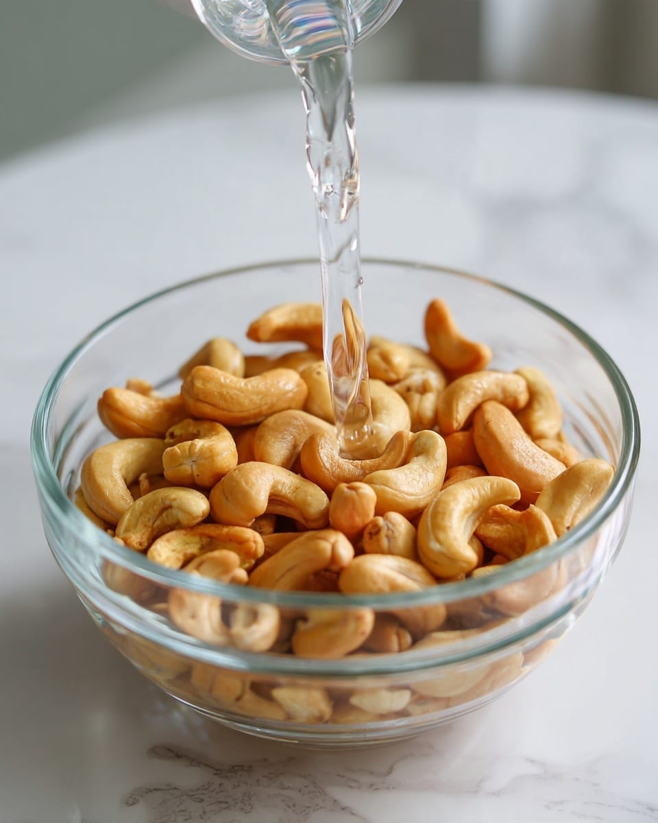 A clear glass bowl filled with light brown cashew nuts, with water being poured into the bowl from a clear container above. The cashews fill the bowl about halfway, and the water creates a shiny surface on the nuts. The bowl sits on a white marbled surface, and the background is softly blurred to focus on the cashews and water flow. Photo taken with an iphone --ar 4:5 --v 7