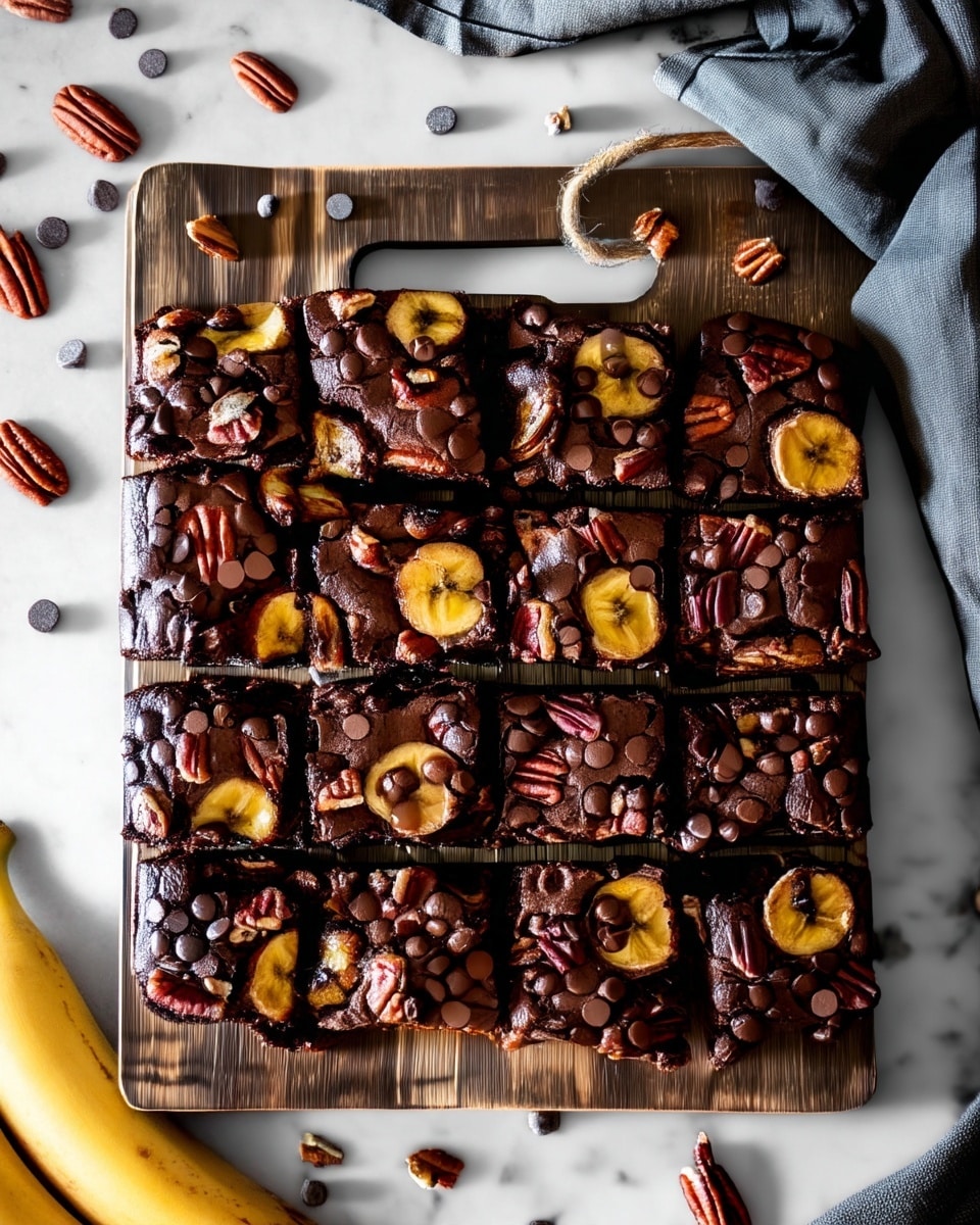 A stack of three thick, rich chocolate brownies sits in the center of a white speckled plate on a white marbled surface. Each brownie has a dark brown texture with visible chunks of nuts inside and is topped with a small round banana slice and scattered chocolate chips. The middle layer of the brownies also shows bits of white chocolate or cream. To the side of the plate is a gold fork, adding a subtle touch of contrast. In the background, more brownies and some blurred yellow bananas are visible. Photo taken with an iphone --ar 4:5 --v 7