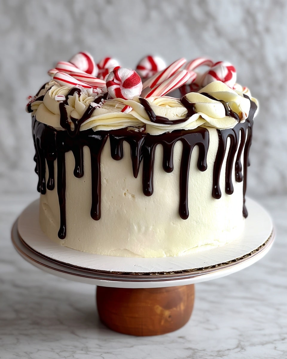 The image shows a tall, round cake with smooth white frosting as the base layer. Over this, thick dark chocolate sauce is poured to drip naturally down the sides, making long, shiny streaks. On top of the cake, there are swirls of creamy white frosting around the edge. These swirls are decorated with small round peppermint candies and striped candy canes with red and white colors, arranged evenly around the top. The cake is presented on a white plate with a simple design and is placed on a wooden cake stand, set against a white marbled texture background. photo taken with an iphone --ar 4:5 --v 7