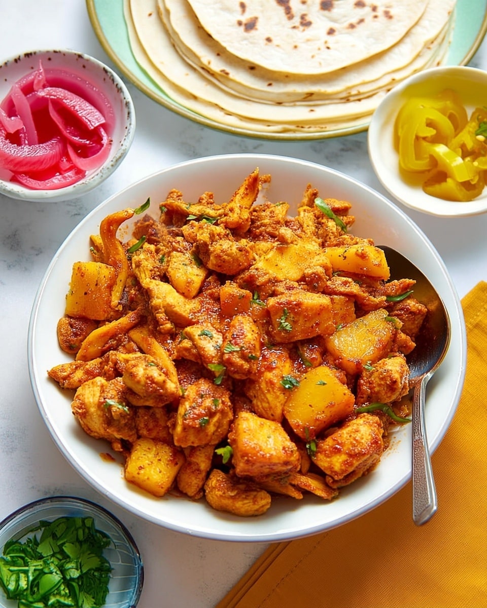 A white bowl filled with cooked golden brown chicken pieces mixed with chunks of bright yellow pineapple, all coated in a reddish-orange spice blend with small bits of green herbs scattered on top. A silver spoon rests inside the bowl on the right side. Around the bowl, there is a stack of white tortillas on a white plate to the left, a small white bowl with bright red pickled onions at the top, a small white bowl with yellow sliced jalapeños on the right, and a small glass bowl with chopped green herbs at the bottom. The background is a white marbled surface with a yellow cloth napkin near the bowl. photo taken with an iphone --ar 4:5 --v 7