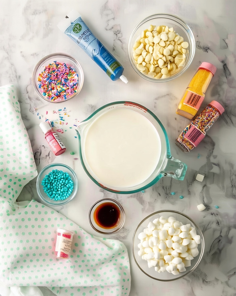 A top view of various ingredients arranged on a white marbled surface: a large clear glass measuring cup filled with white milk in the center, a small white bowl of yellow-white mini marshmallows below it, a small white bowl of white chocolate chips to the right, and a small white bowl of blue round sprinkles at the bottom left. There is a small white bowl of multicolored sprinkles to the top left, two small jars of yellow and rainbow-colored sprinkles placed vertically on the right side, a small glass bowl of dark brown vanilla extract beneath the measuring cup, and a blue tube of sparkle gel at the top center. A white cloth with green polka dots lies at the bottom left with two small edible pink powder containers and a small bottle of red food coloring near it. A few loose sprinkles are scattered around. Photo taken with an iphone --ar 4:5 --v 7