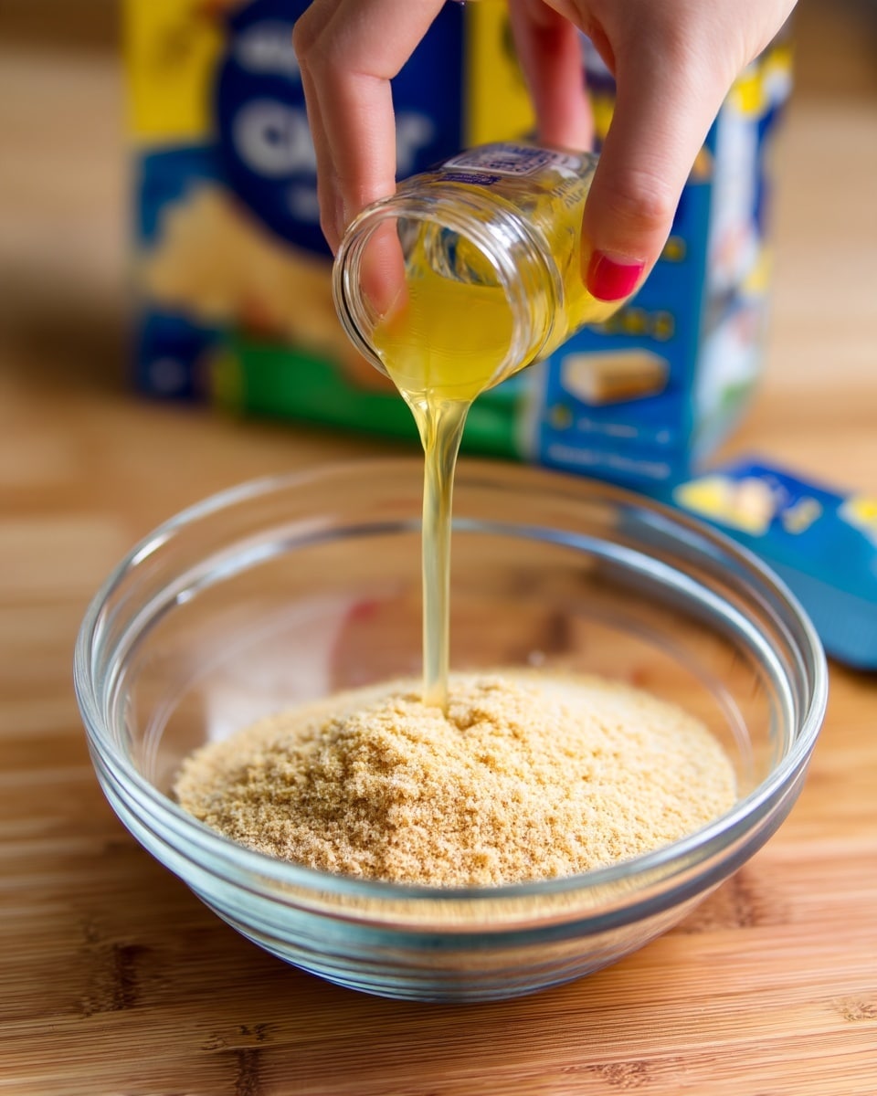 A clear glass bowl placed on a wooden surface holds a dry crumbly light tan layer inside, with a woman's hand pouring a thick, pale yellow liquid into it from a small clear container held above. The background shows blurry blue and yellow packaging. photo taken with an iphone --ar 4:5 --v 7