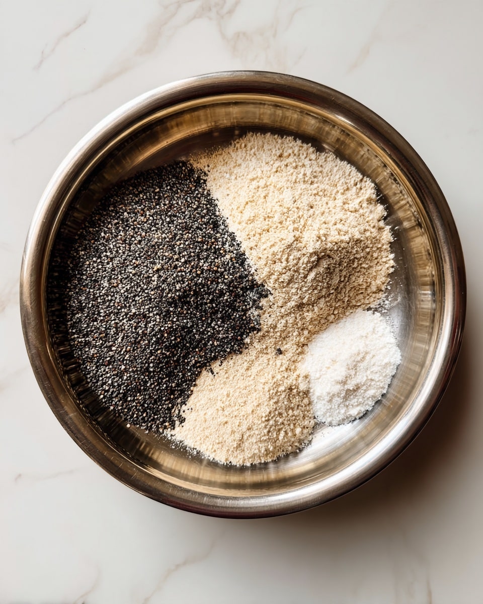 Inside a metal bowl, three separate dry ingredients sit unmixed: a pile of coarse black pepper with a rough texture covers most of the left side, to its right is a mound of pale beige powder, and in the upper right corner is a smaller mound of fine white powder. The bowl's shiny interior reflects a little light around the edges. The whole scene is set on a white marbled surface. Photo taken with an iphone --ar 4:5 --v 7