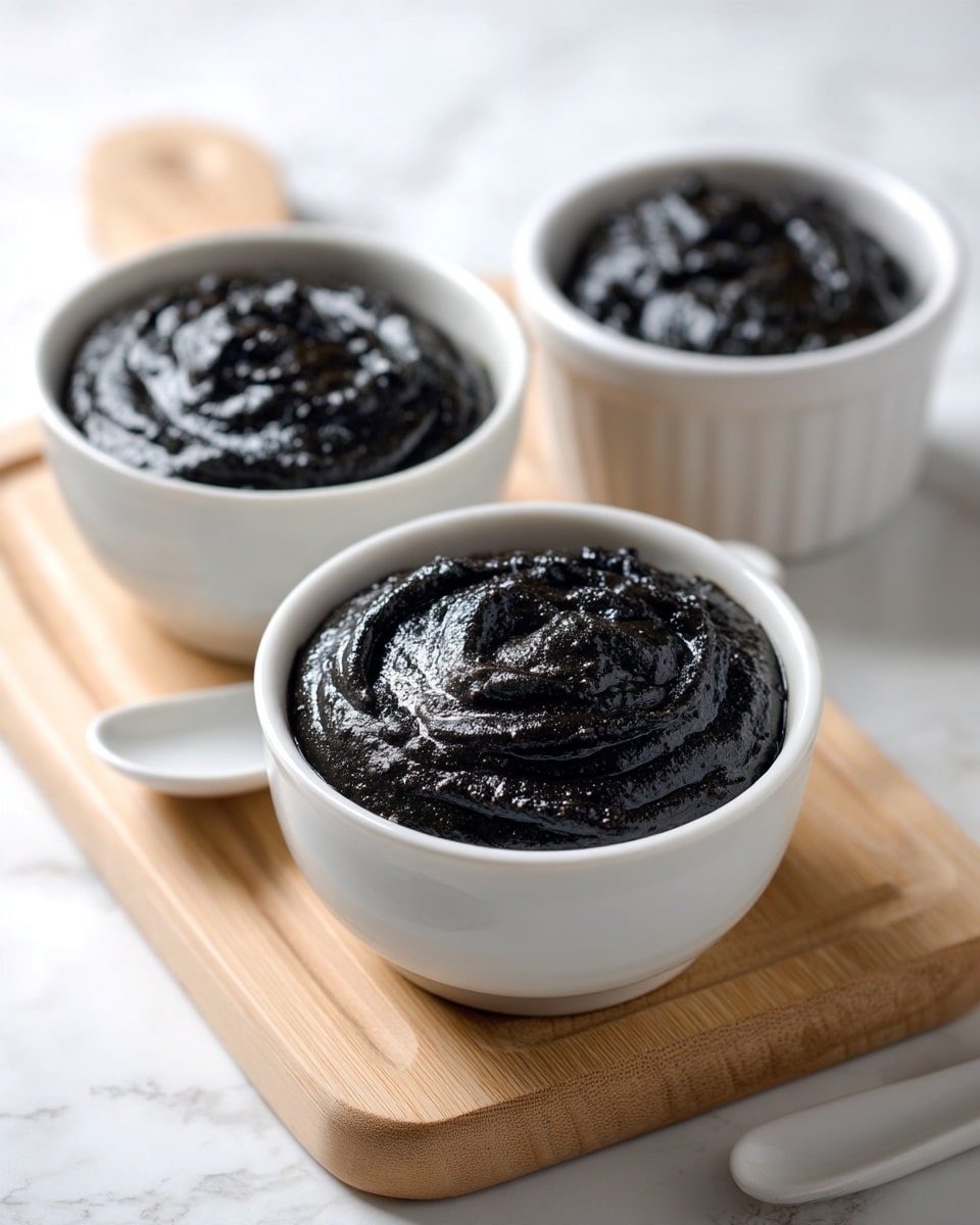 The image shows three white bowls with thick black paste inside each. The front bowl is closest, filled with smooth, shiny black paste with some texture on the surface that looks slightly wavy and creamy. Behind it and out of focus, two more white bowls hold similar black paste, one larger and one smaller. All the bowls sit on a light wooden board, which rests on a white marbled surface. A white spoon is partly visible near the front bowl. The overall tone is soft and natural light shines gently on the paste, showing its smooth but not fully even surface texture. Photo taken with an iphone --ar 4:5 --v 7