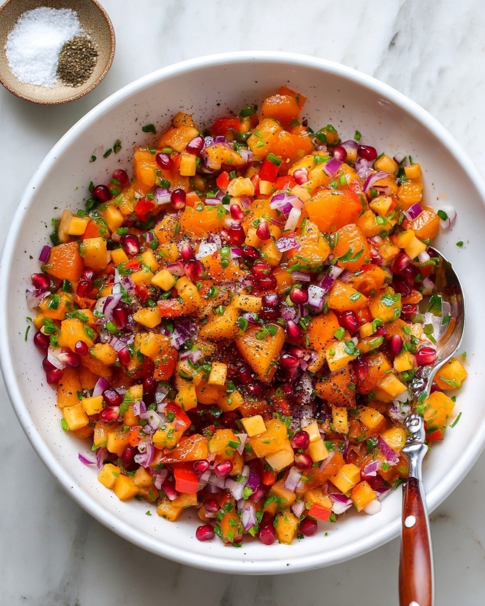 The image shows a white bowl filled with a colorful salad made of small diced orange pieces, tiny bits of red tomato, bright red pomegranate seeds, finely chopped purple onions, and green herbs scattered throughout. The salad looks fresh and slightly moist, with a few pieces of black pepper sprinkled on top. A silver spoon with a brown handle is inside the bowl. In the background, there is a small bowl of salt and pepper on a white marbled surface. photo taken with an iphone --ar 4:5 --v 7