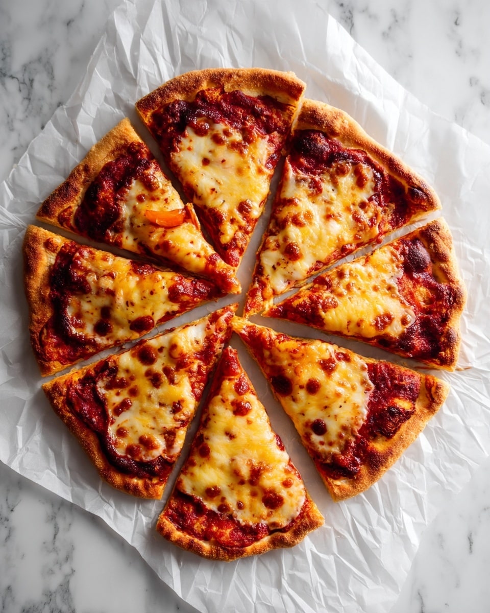 A round pizza cut into eight slices on a crumpled white paper sheet, placed on a white marbled surface. The pizza has a thick, golden-brown crust with some darker, crispy spots. The top layer is melted light yellow cheese spread unevenly, with patches revealing red tomato sauce beneath. The sauce has a rich red color with darker burnt areas at the edges. The cheese looks slightly bubbly and has a smooth texture. The pizza slices are arranged in a circle with the pointed ends meeting in the center, showing a mix of browned cheese and red sauce on each slice. Photo taken with an iphone --ar 4:5 --v 7