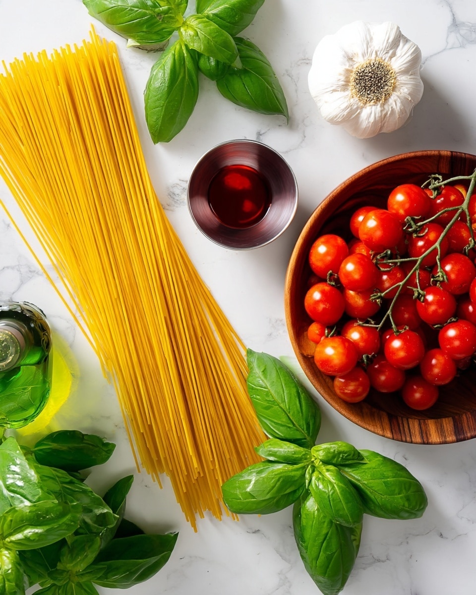 This image shows ingredients for a pasta dish arranged on a white marbled surface. There is a bunch of yellow uncooked spaghetti standing upright near the bottom left. Above it, there is a small silver cup with red liquid inside, possibly vinegar or oil. At the top center, there is a whole white garlic bulb. On the right, fresh green basil leaves are placed on a small wooden cutting board. At the bottom right, a wooden bowl is full of red cherry tomatoes on the vine, creating a bright contrast with the basil leaves. Near the bottom left corner, a green glass bottle, likely olive oil, is partly visible. photo taken with an iphone --ar 4:5 --v 7
