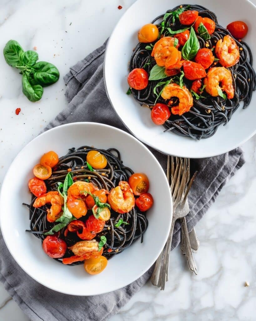 Squid Ink Pasta with Shrimp and Cherry Tomato Basil Sauce Recipe